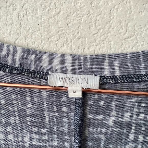 Anthropologie Weston Navy Blue High-Low Hatch Weave Line Short Sleeve V-neck Top - Picture 4 of 5